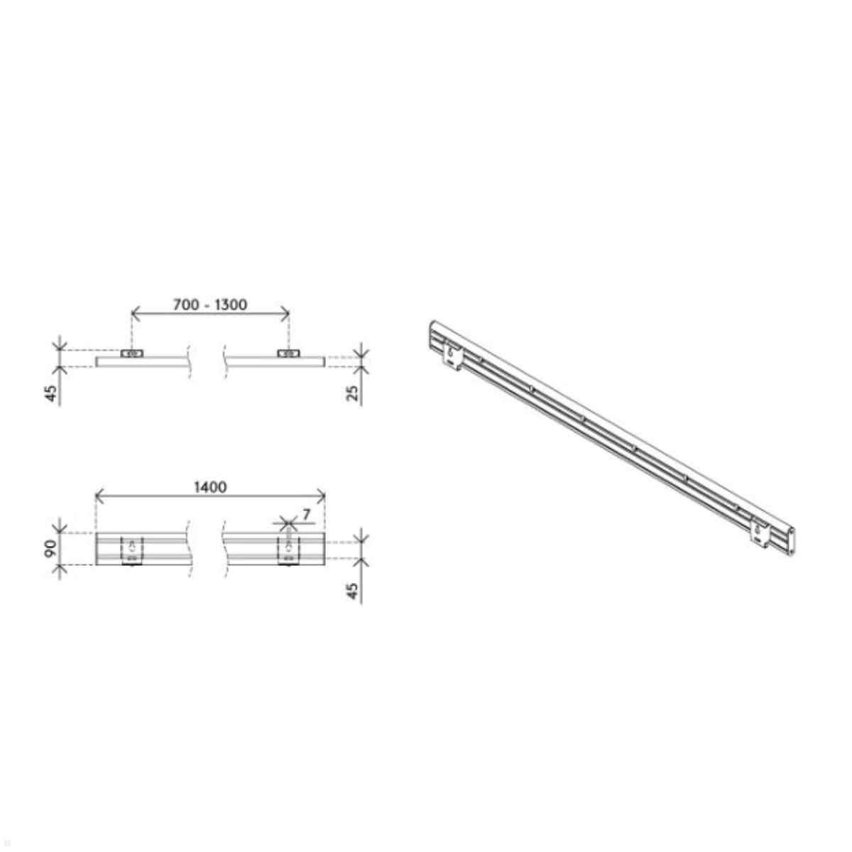 Dataflex Viewlite Schienensystem/Slatwall für die Wand 1400mm (58.714), Zeichnung Maße