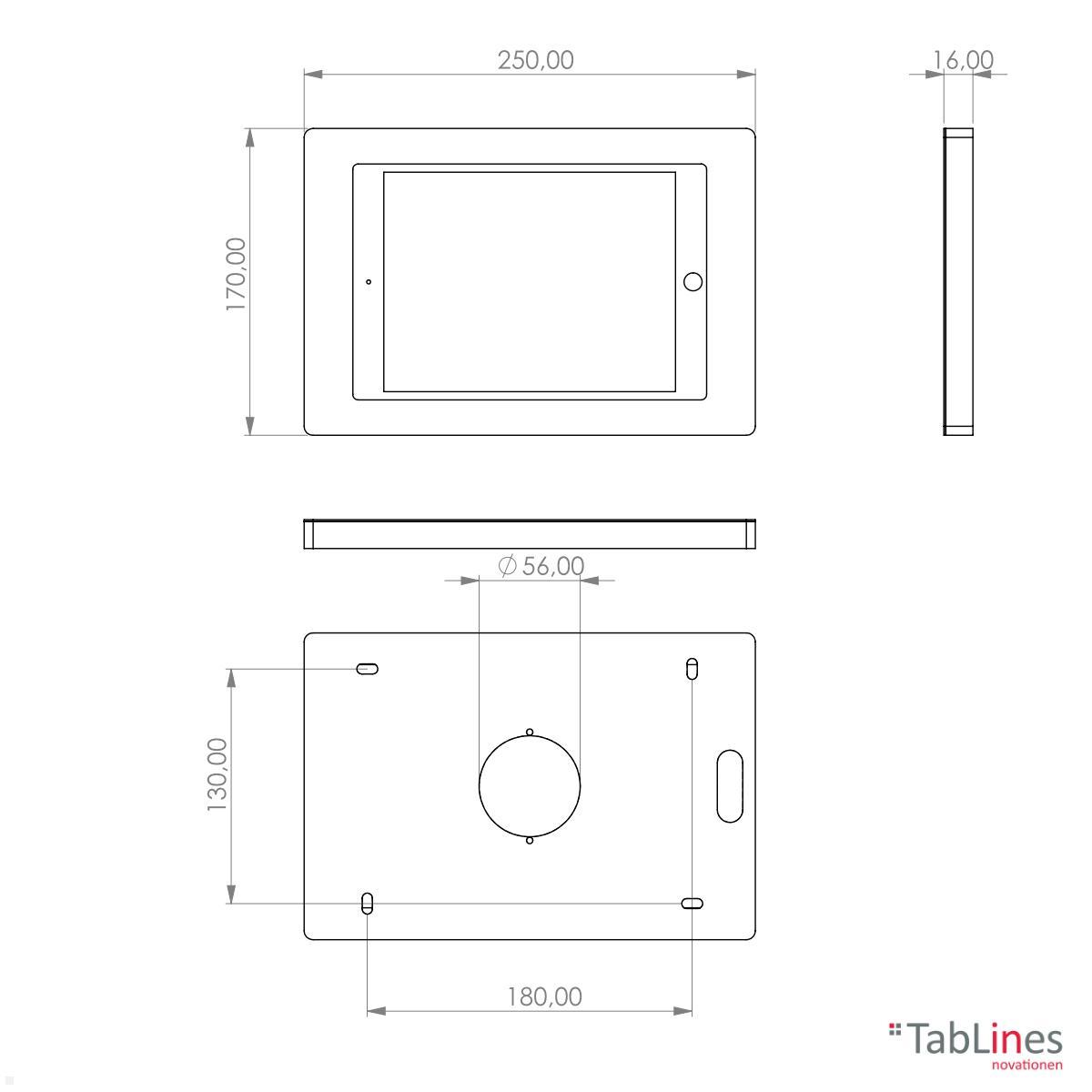 TabLines TWH046S Tablet Wandhalterung für Apple iPad Mini 4/5, silber technische Zeichnung