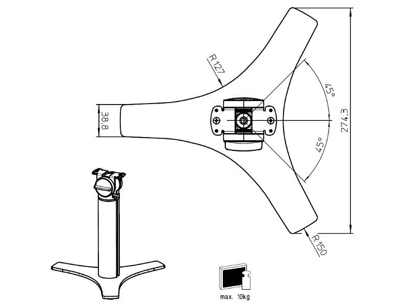 Novus POS Tablet Tischständer mit VESA Halterung (882+0309+000) silber, technische Zeichnung