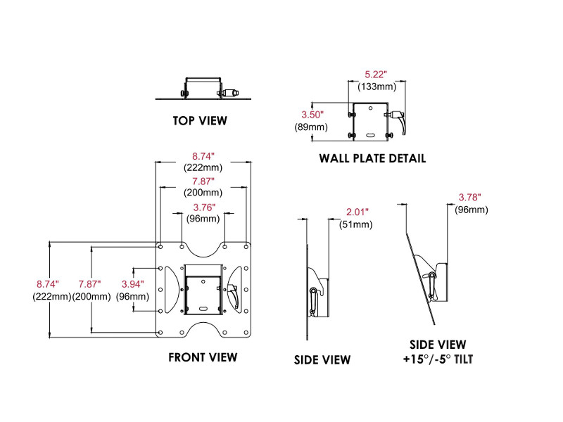 Peerless PT632 Paramount neigbare Wandhalterung Zeichnung