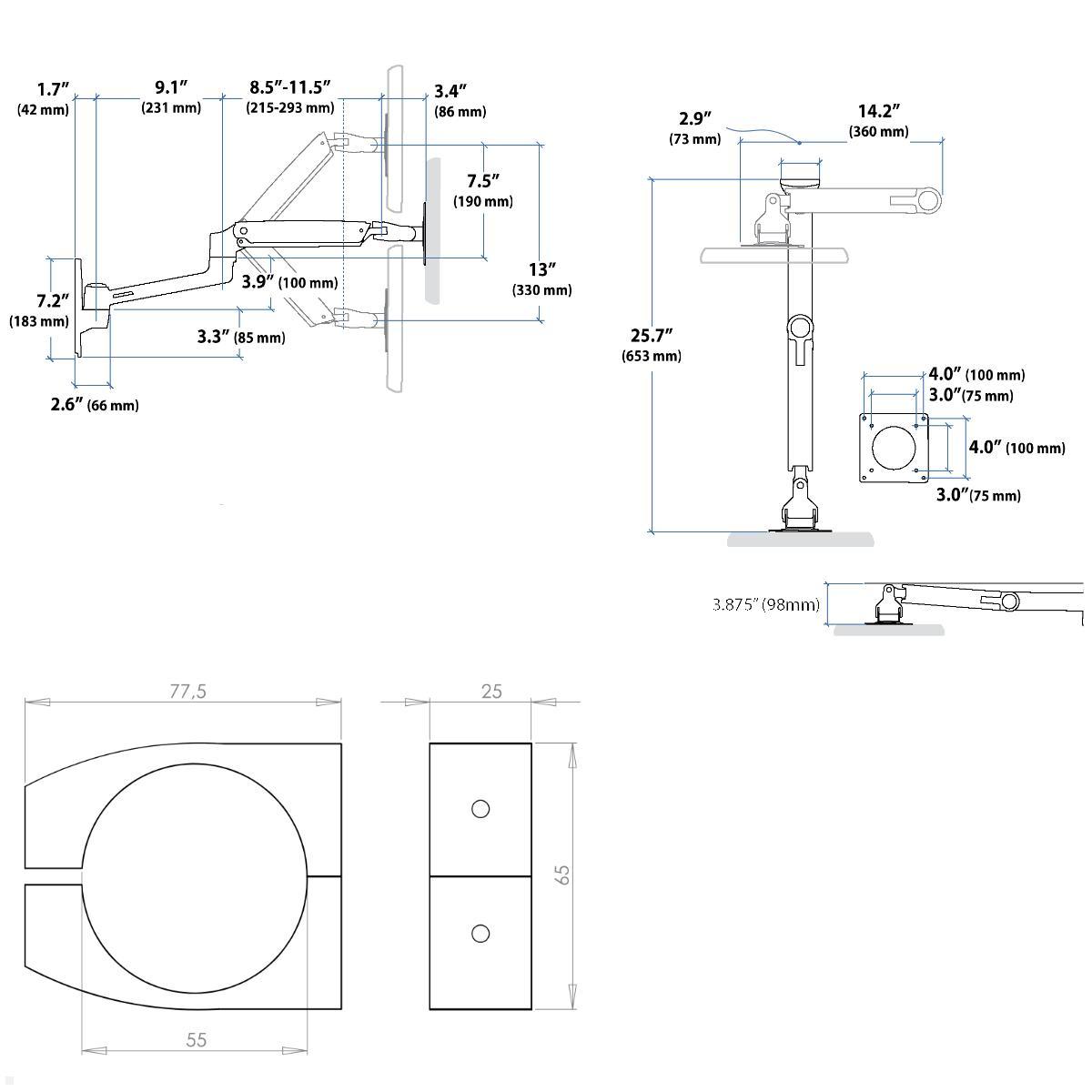 Ergotron LX Arm Monitorhalterung für Rohre / Säulen 51-55 mm, silber, technische Zeichnung