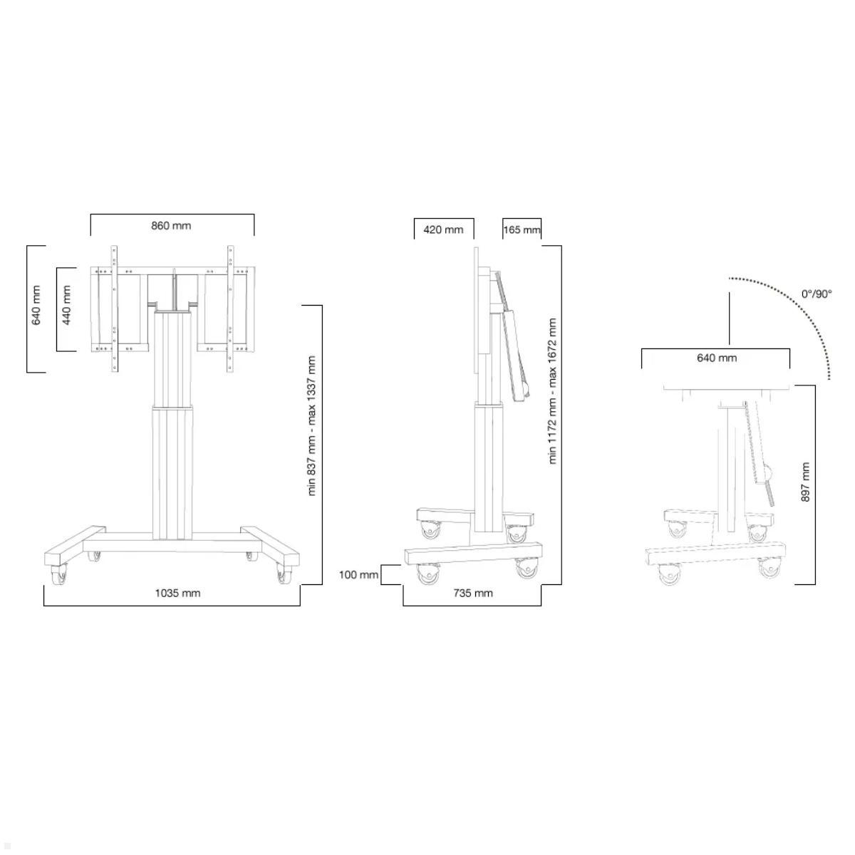 Neomounts PLASMA-M2500TSILVER Touch-Tisch/Ständer bis 100 Zoll, elektrisch, Zeichnung Maße