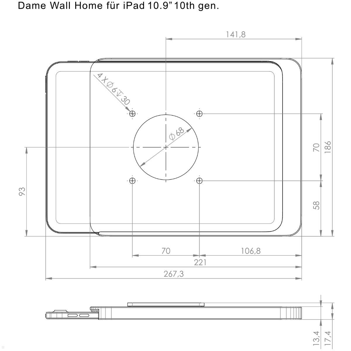 Displine Dame Wall Home Wandhalter Apple iPad 10.9 (10. Gen.), silber eloxiert, technische Zeichnung