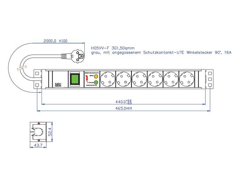 Bachmann IT PDU 19Zoll Steckdosenleiste 6x Steckdose 1x Schalter ÜSE (333.605) Maße