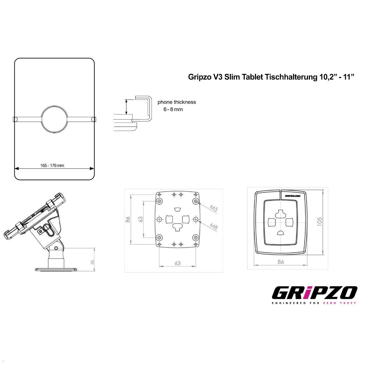 Gripzo V3 Slim Tablet Tischhalterung 10,2 bis 11 Zoll, Diebstahlschutz, technische Details