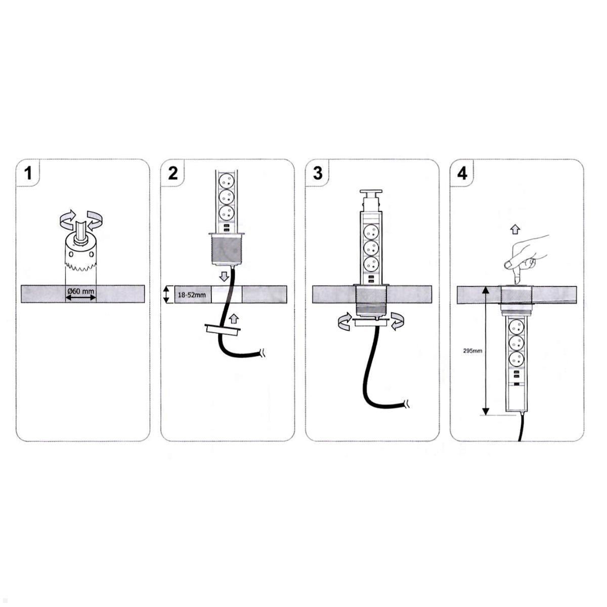 TecLines TVS009S versenkbare 3-fach Steckdosenleiste mit USB A/C, silber Montage