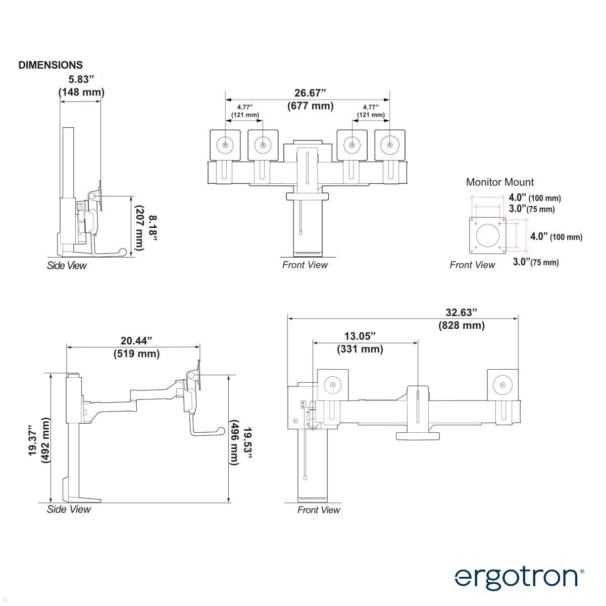 Ergotron TRACE Monitorhalterung für 2 Monitore mit C-Klemme (45-658-224), schwarz technische Zeichnung