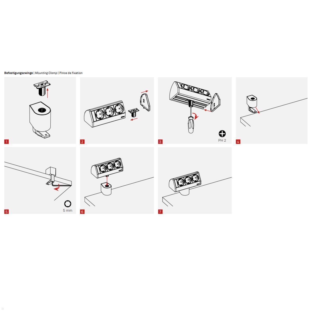 EVOline Dock small 3-fach Steckdose mit Befestigungszwinge, Montage