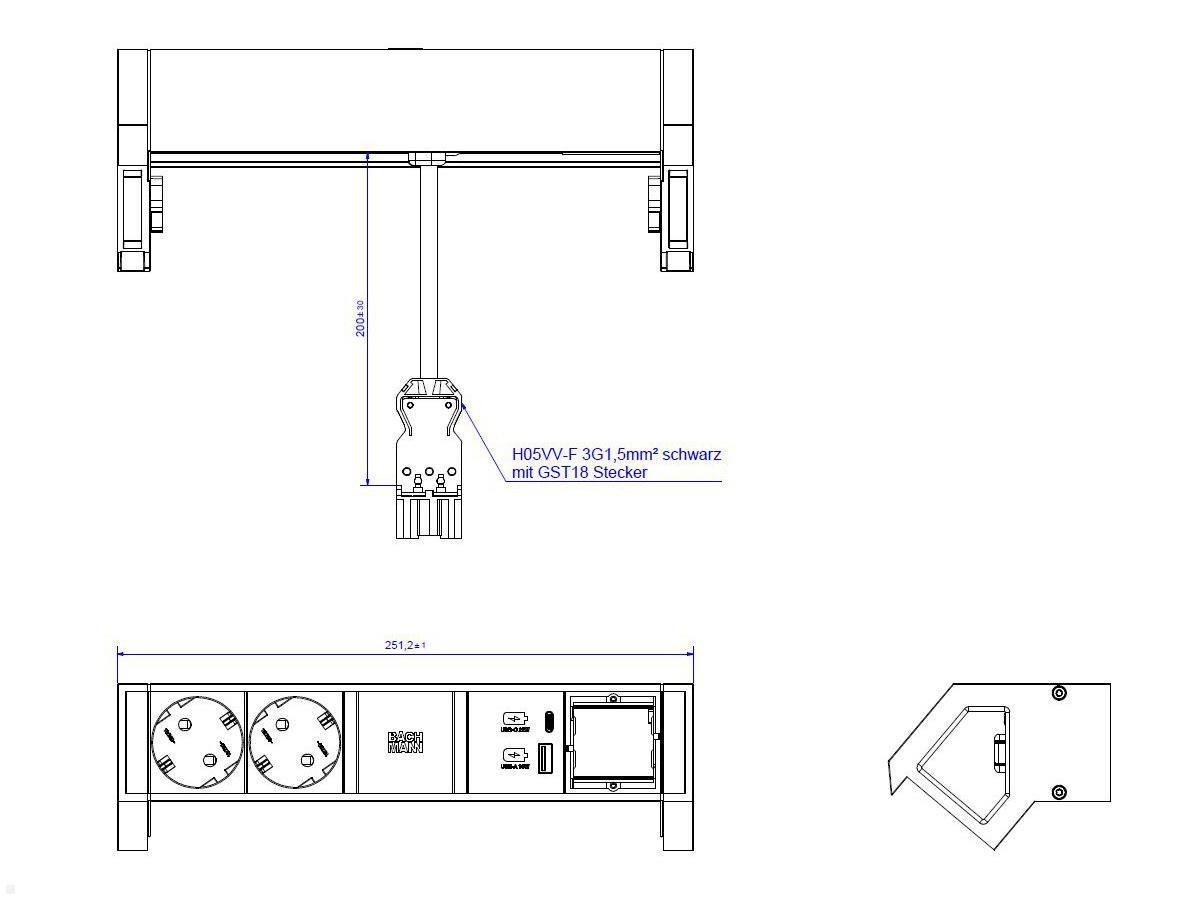 Bachmann DESK 2, 2x Steckdose, 1 USB-C /-A Charger 1 CM (902.935) weiß, techn. Zeichnung