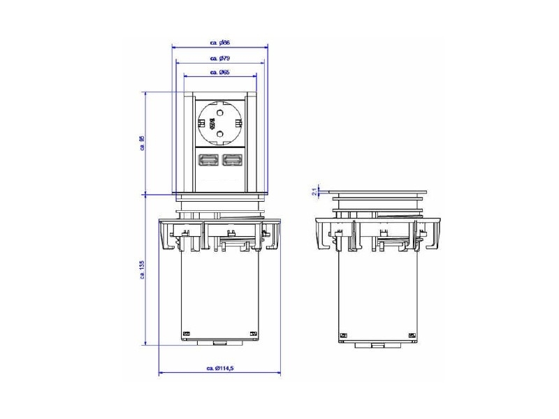 Bachmann ELEVATOR 1x Steckdose 2x USB Charger (928.017) Maße