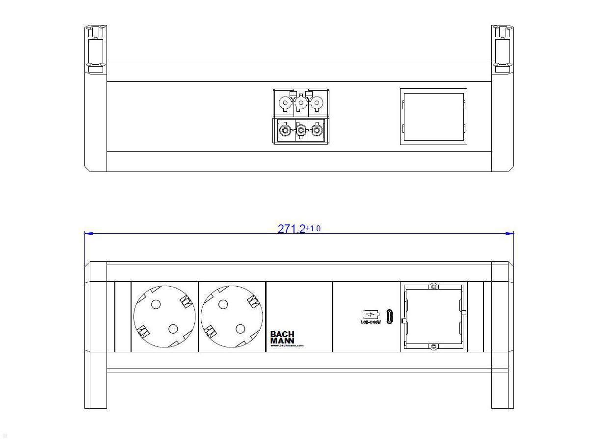 Bachmann DESK 1, 2x Steckdose, 1 USB-C Charger 30W, 1 CM (902.0815), techn. Zeichnung