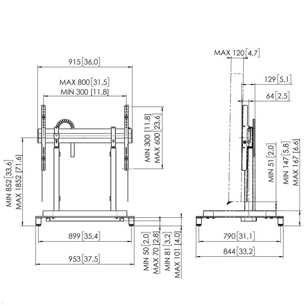 Vogels RISE 5108 elektrischer TV Ständer bis 98 Zoll, 80 mm/s, technische Zeichnung