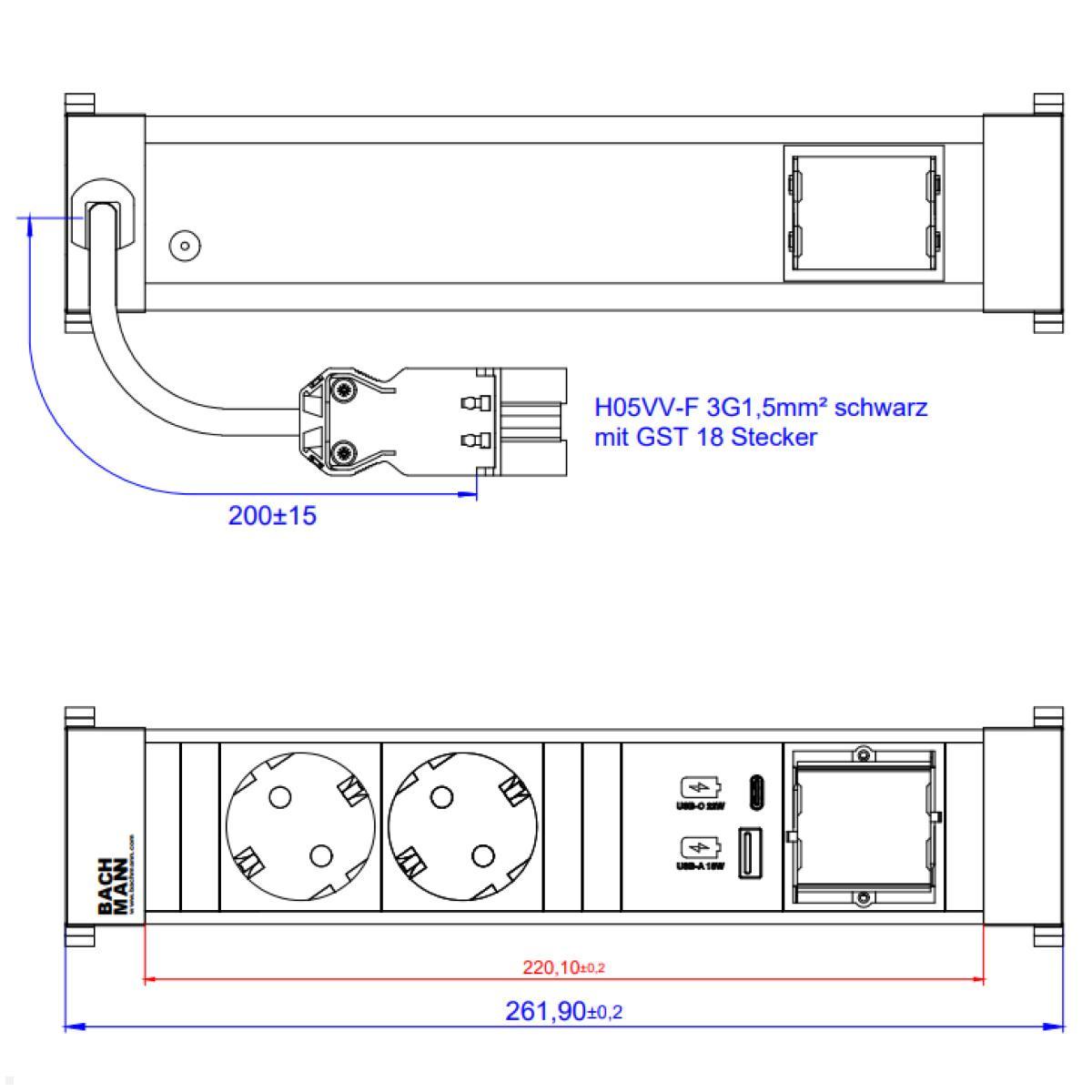 Bachmann Power Frame 4-fach 2x Steckdose 1x USB-Charger A/C 1x CM (916.504), technische Zeichnung