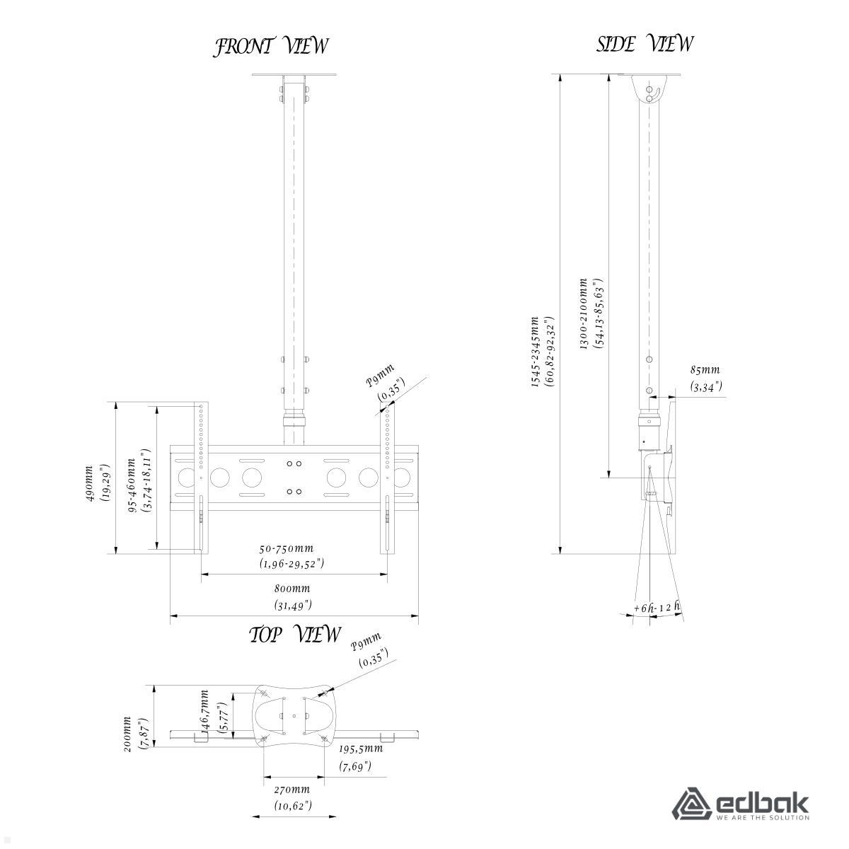 Edbak CMS21 höhenverstellbare Deckenhalterung 60kg, 37-65 Zoll technische Zeichnung