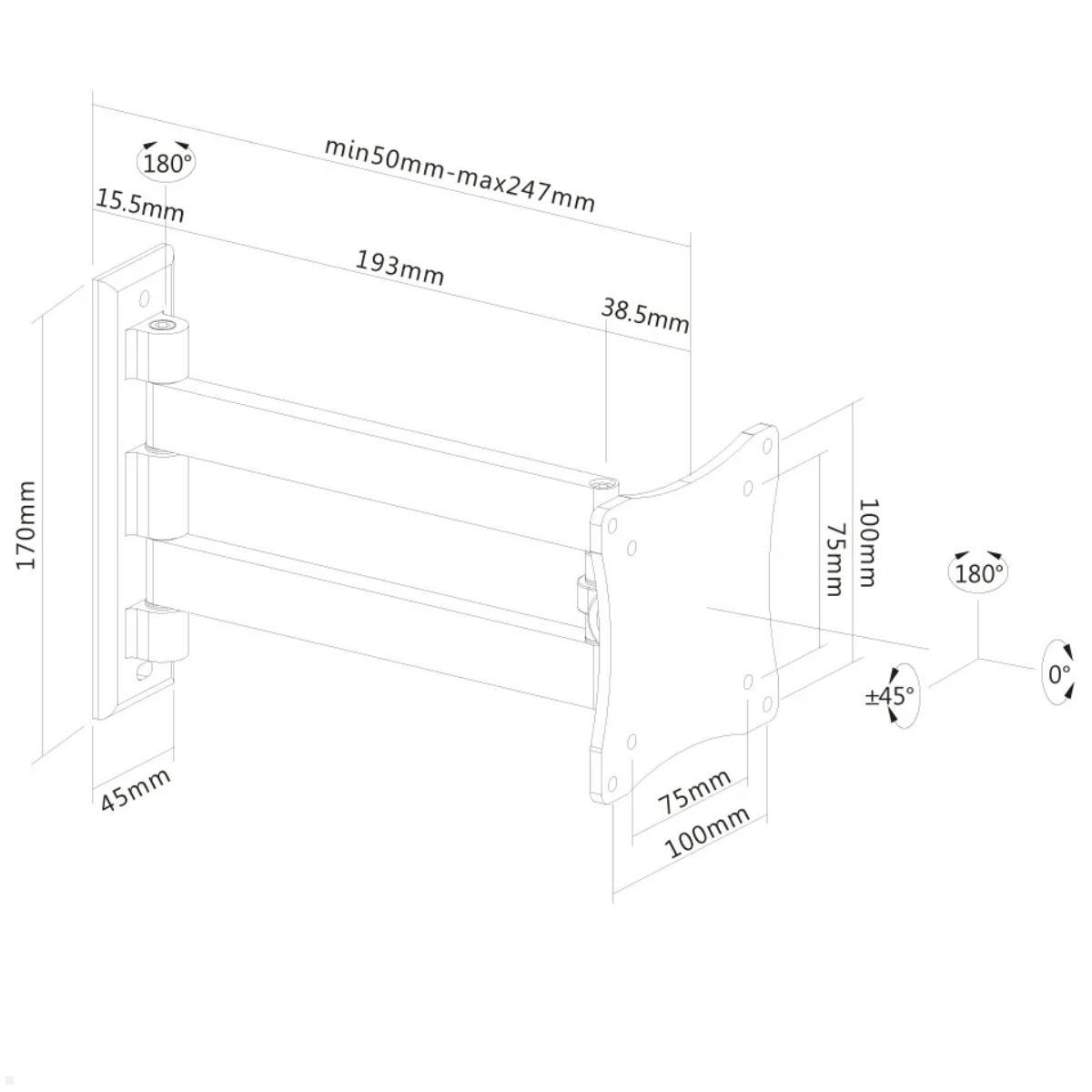 Neomounts FPMA-W820 schwenkbare TV Wandhalterung 10-27 Zoll, silber, technische Zeichnung