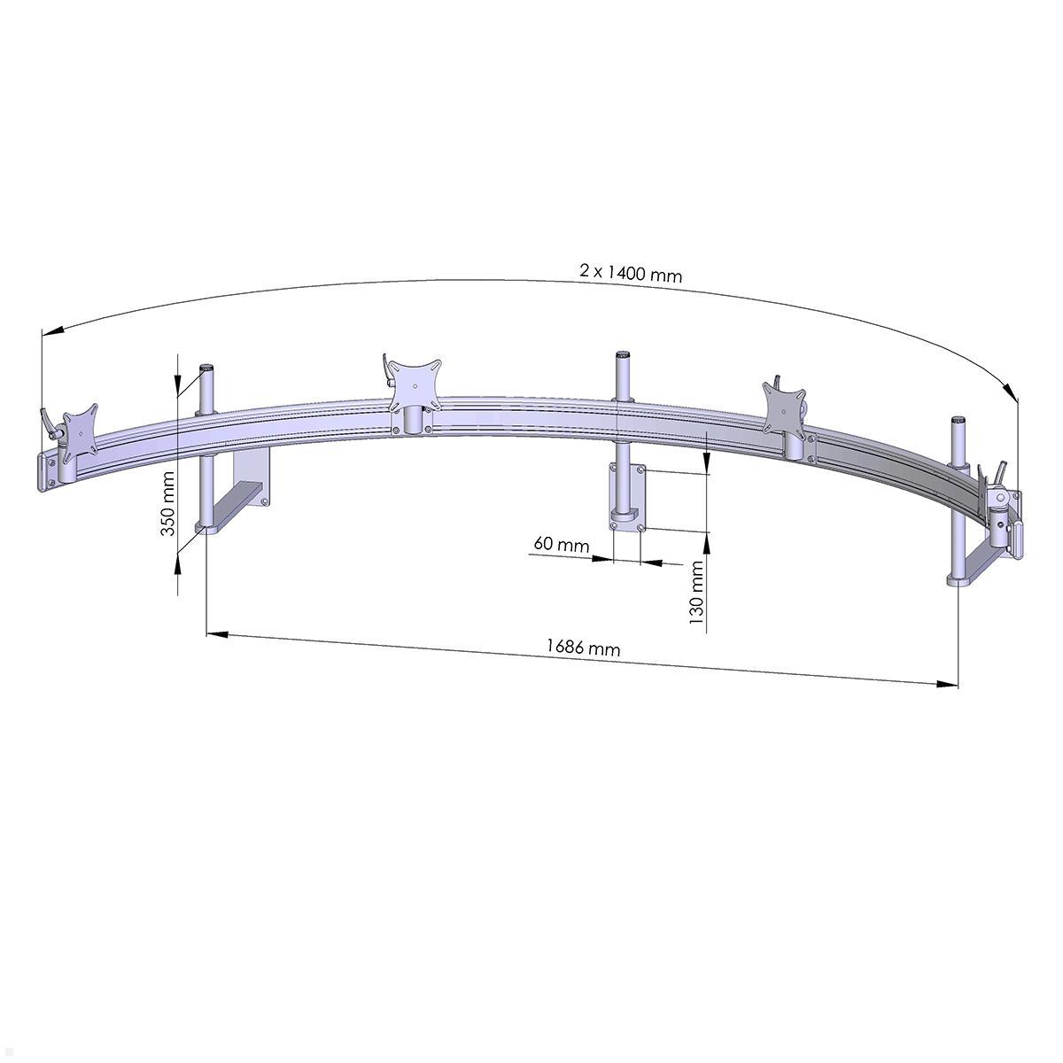 MonLines MWH226G Para 4-fach Monitor Wandhalter bis 32 Zoll, grau, Zeichnung Maße