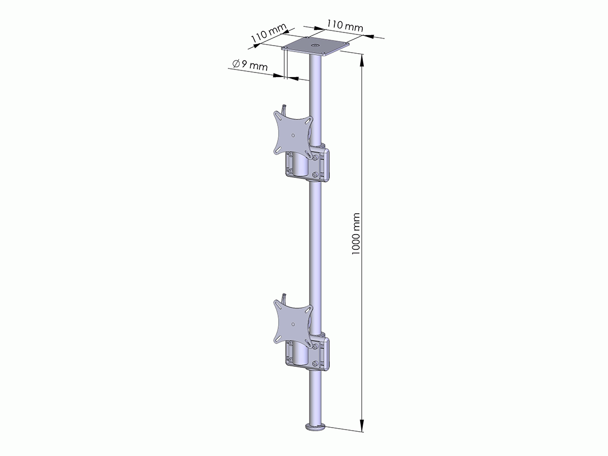 MonLines MDH201B Flat 2-fach vertikal Monitor Deckenhalter 25-30 Zoll, schwarz technische Zeichnung