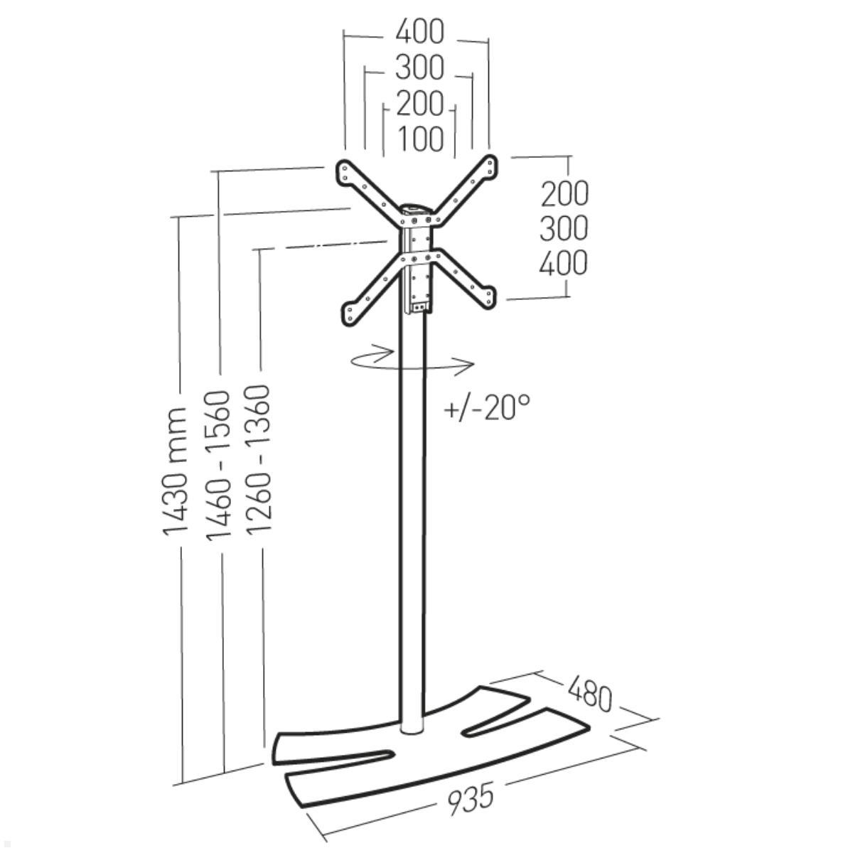 Erard LUX-UP 1400L Fernseh Ständer 30 - 65 Zoll, schwarz, Technische Zeichnung