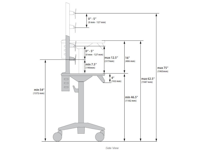 Ergotron StyleView SV10 Fahrwagen mit Monitorhalterung neigbar (SV10-1300-0) Maße