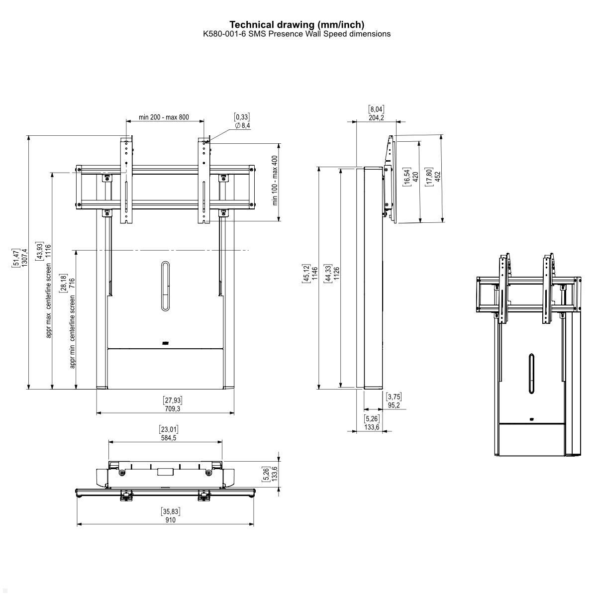 SMS Presence Speed Wall Monitor Wandhalter, manuell höhenverstellbar (K580-001-6) technische Zeichnung