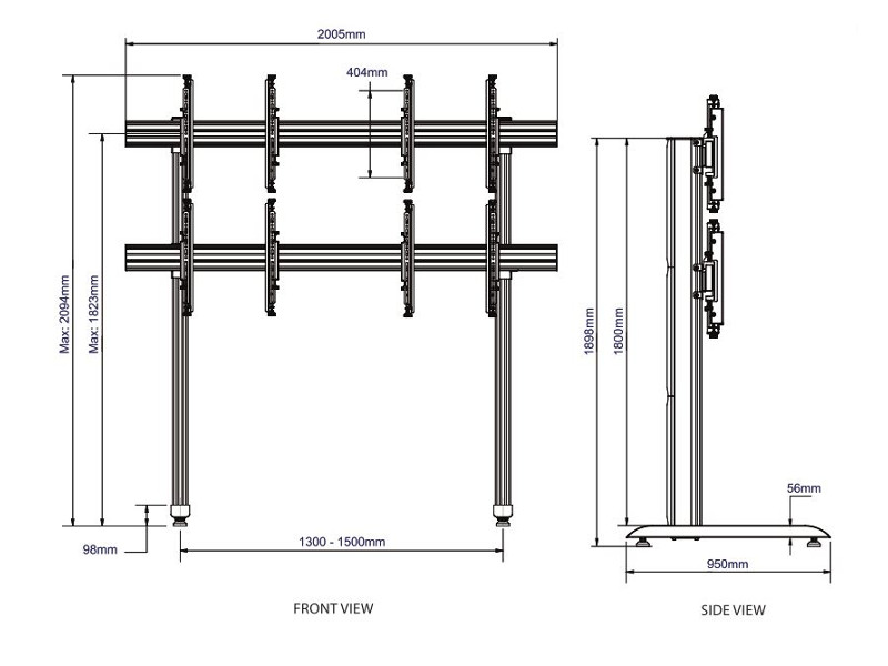 B-Tech BT8370-2x2/BB System X Video Wall Standfuß 46"-60" Maße