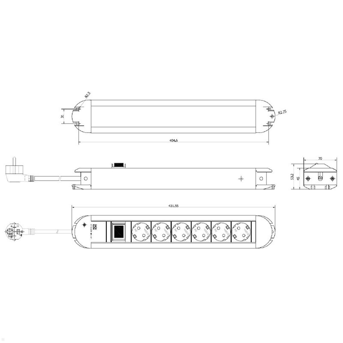 Bachmann PRIMO 6-fach Steckdosenleiste mit Schalter 2m Zuleitung (330.071) technische Zeichnung