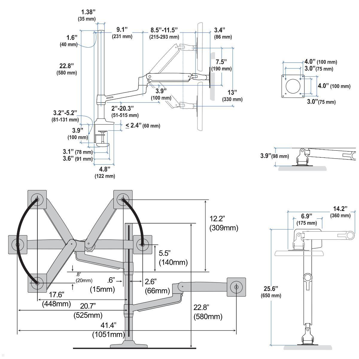 Ergotron LX Dual Monitor Tischhalterung 40 Zoll, silber (45-549-026), technische Zeichnung