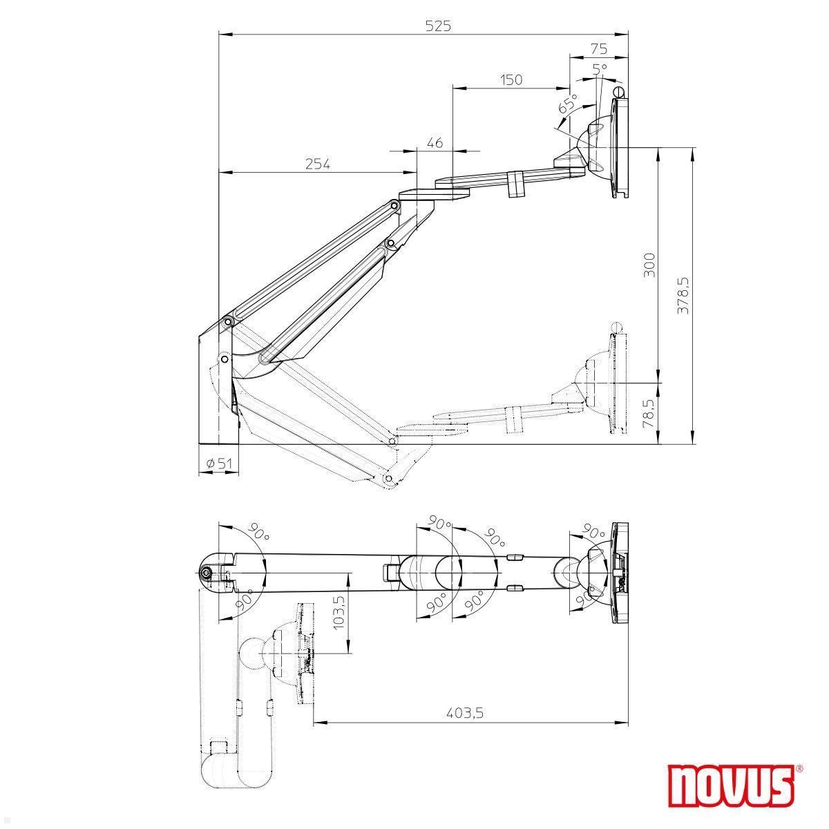 Novus Clu Plus Monitorhalterung für TSS-Säule bis 40 Zoll, weiß (991+0111+000), technische Zeichnung Monitorarm