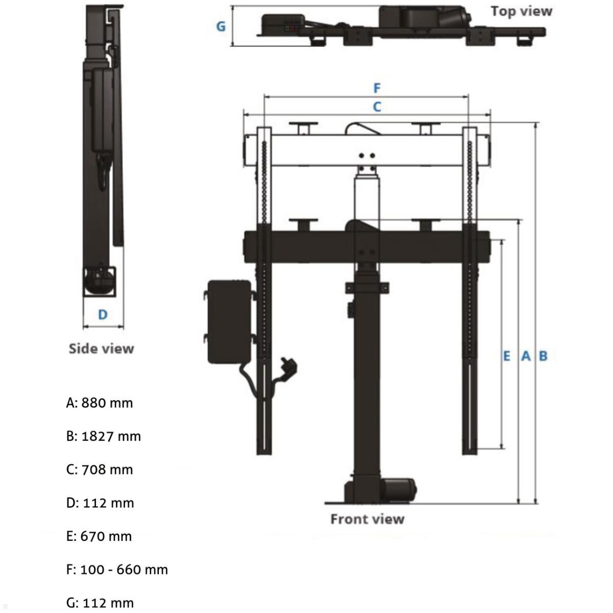 MonLines MLS019BSV TV Lift bis 70 Zoll, drehbar 225L / 90R, automatische Klappe, technische Zeichnung