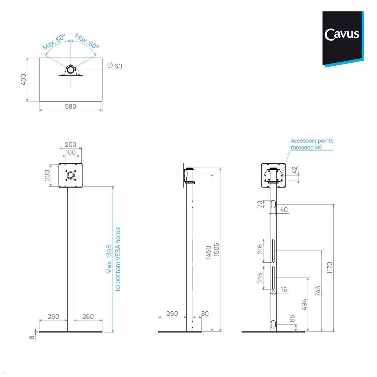 Cavus SQUARE150S22 TV Standfuß rechteckig 32 - 65 Zoll, Säule 1500 mm technische Zeichnung