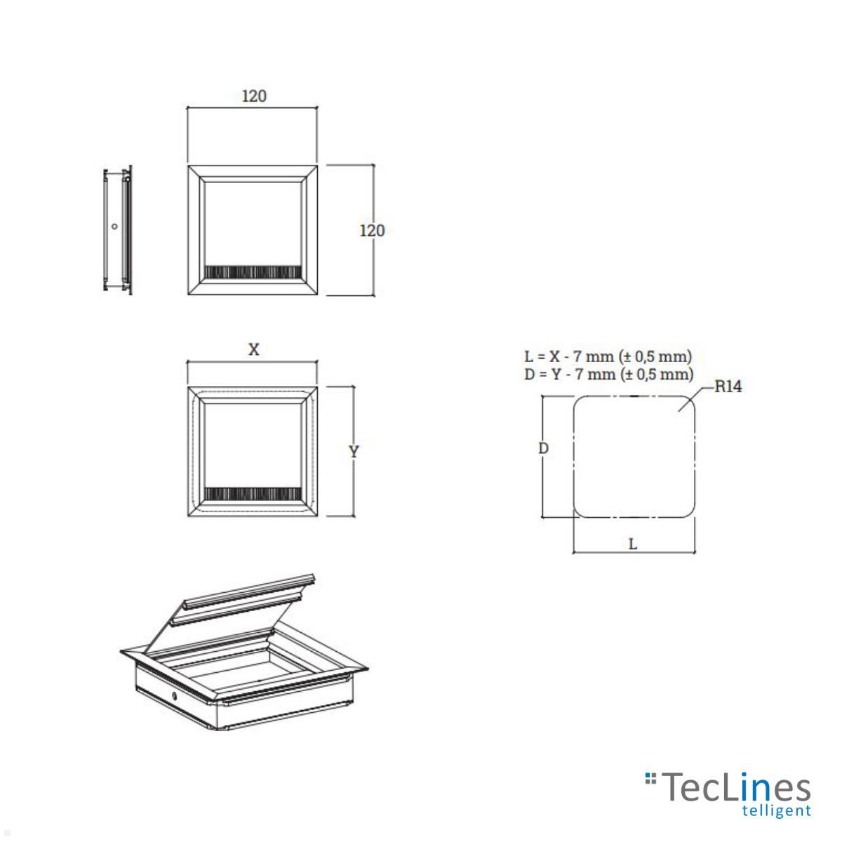 TecLines TKD014B Kabeldurchführung 120x120mm, schwarz technische Zeichnung