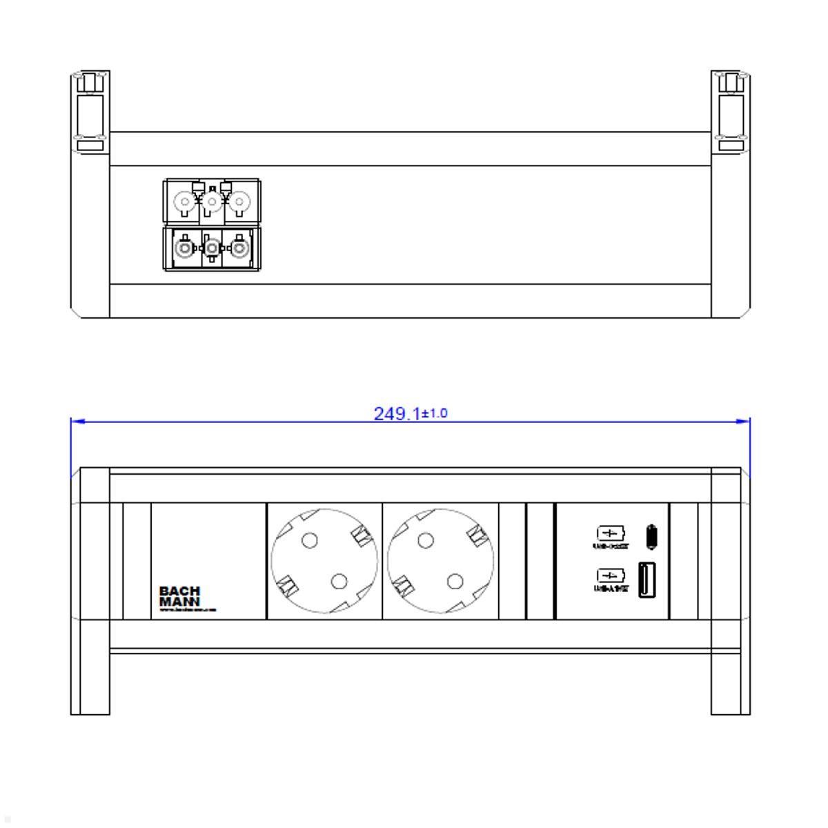 Bachmann DESK 1 2x Steckdose mit USB-Charger A/C (902.0811), Zeichnung Maße