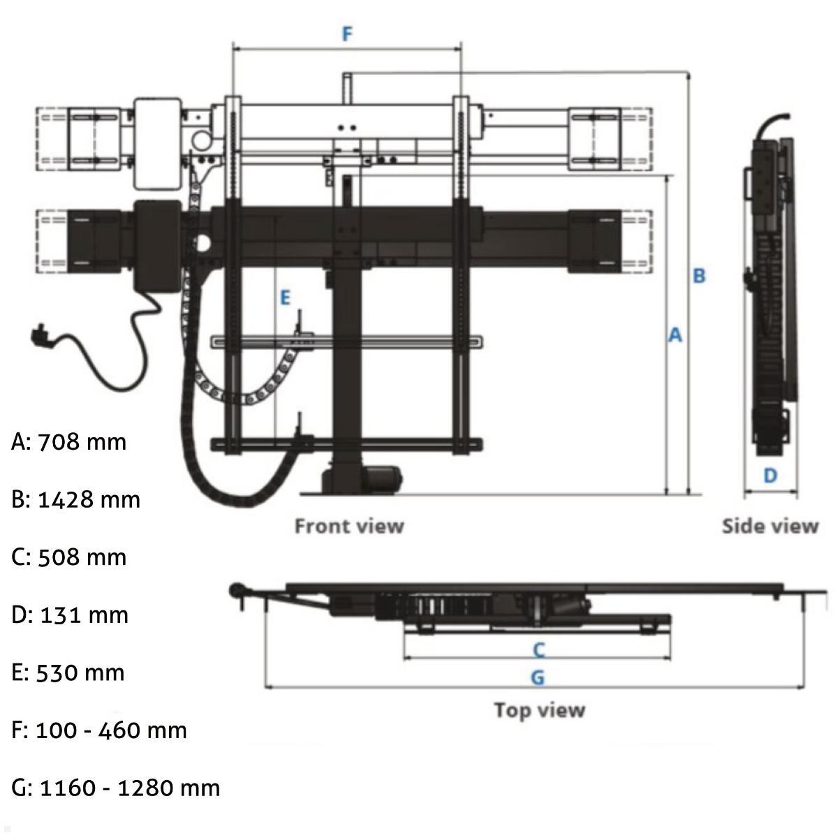 MonLines MLS020B Einbau TV Lift bis 50 Zoll, automatische Klappe, 720 mm Hub, Maße