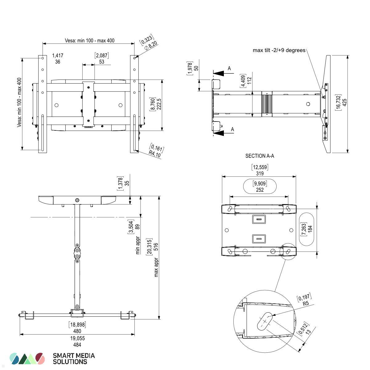 SMS ICON 3D Medium TV Wandhalter schwenkbar (14-002-5), silber/schwarz technische Zeichnung