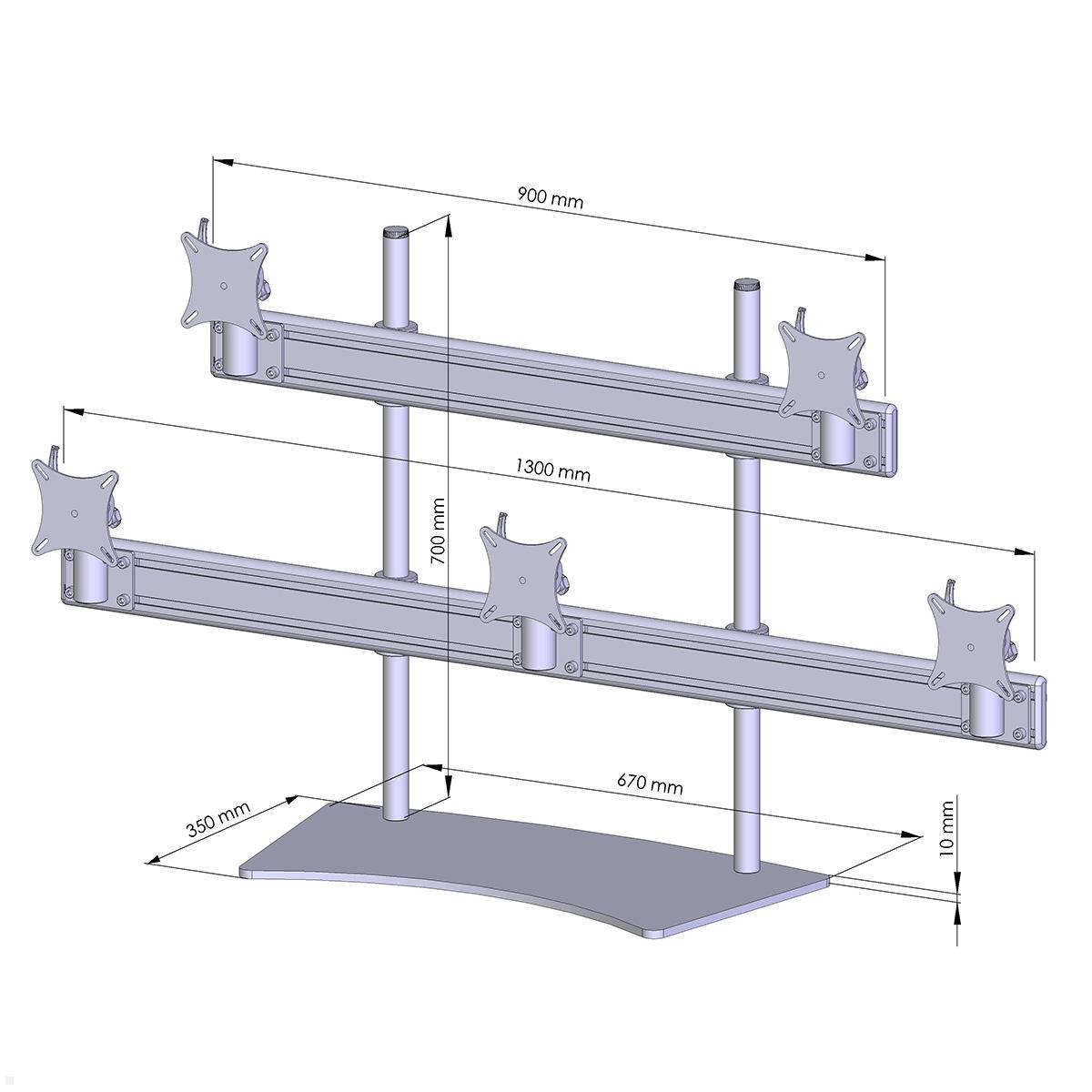 MonLines MTH285G Flat 3+2 Monitorhalterung mit Tischstandfuß bis 24 Zoll, grau, Zeichnung Maße