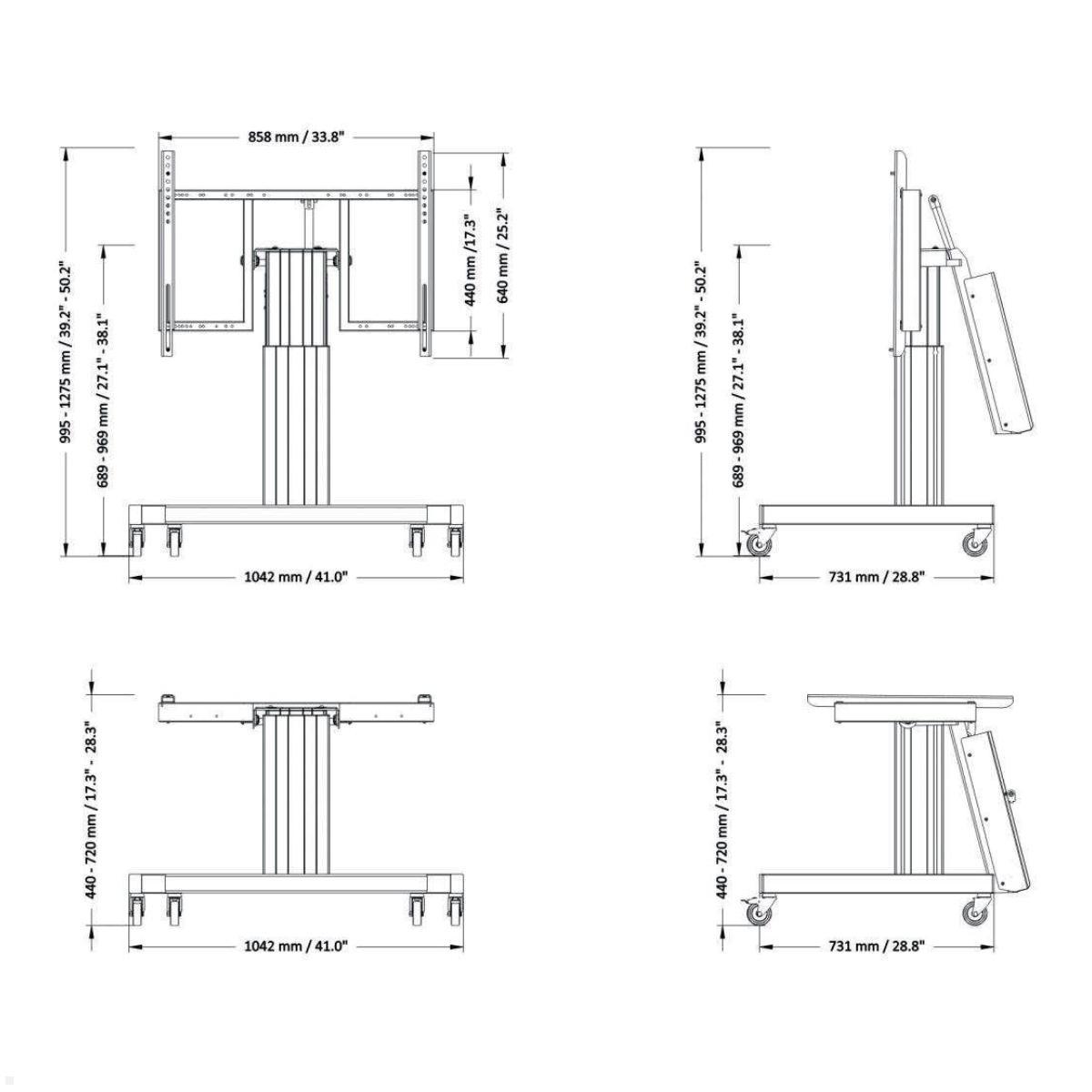 Neomounts PLASMA-M2550TBLACK Touch-Tisch/Ständer bis 100 Zoll, elektrisch, Zeichnung Maße