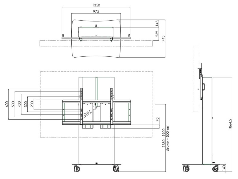 SmartMetals elektrischer Display Trolley 98 Zoll Maße