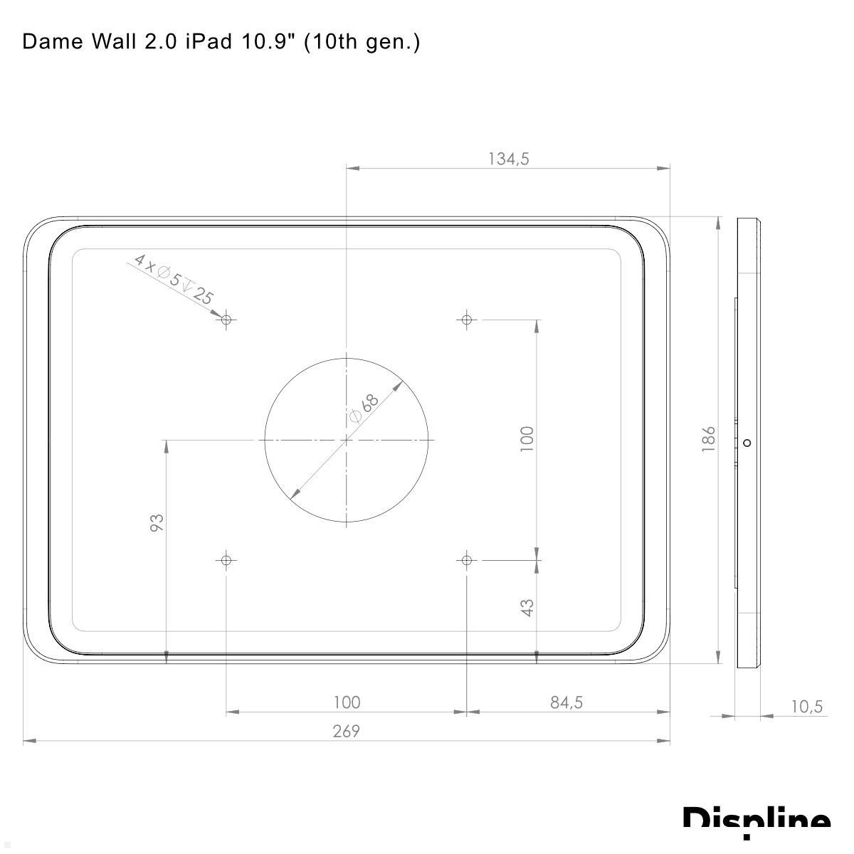 Displine Dame Wall 2.0 Wandhalter Apple iPad 10.9 (10. Gen.) mit USB-C, weiß technische Zeichnung