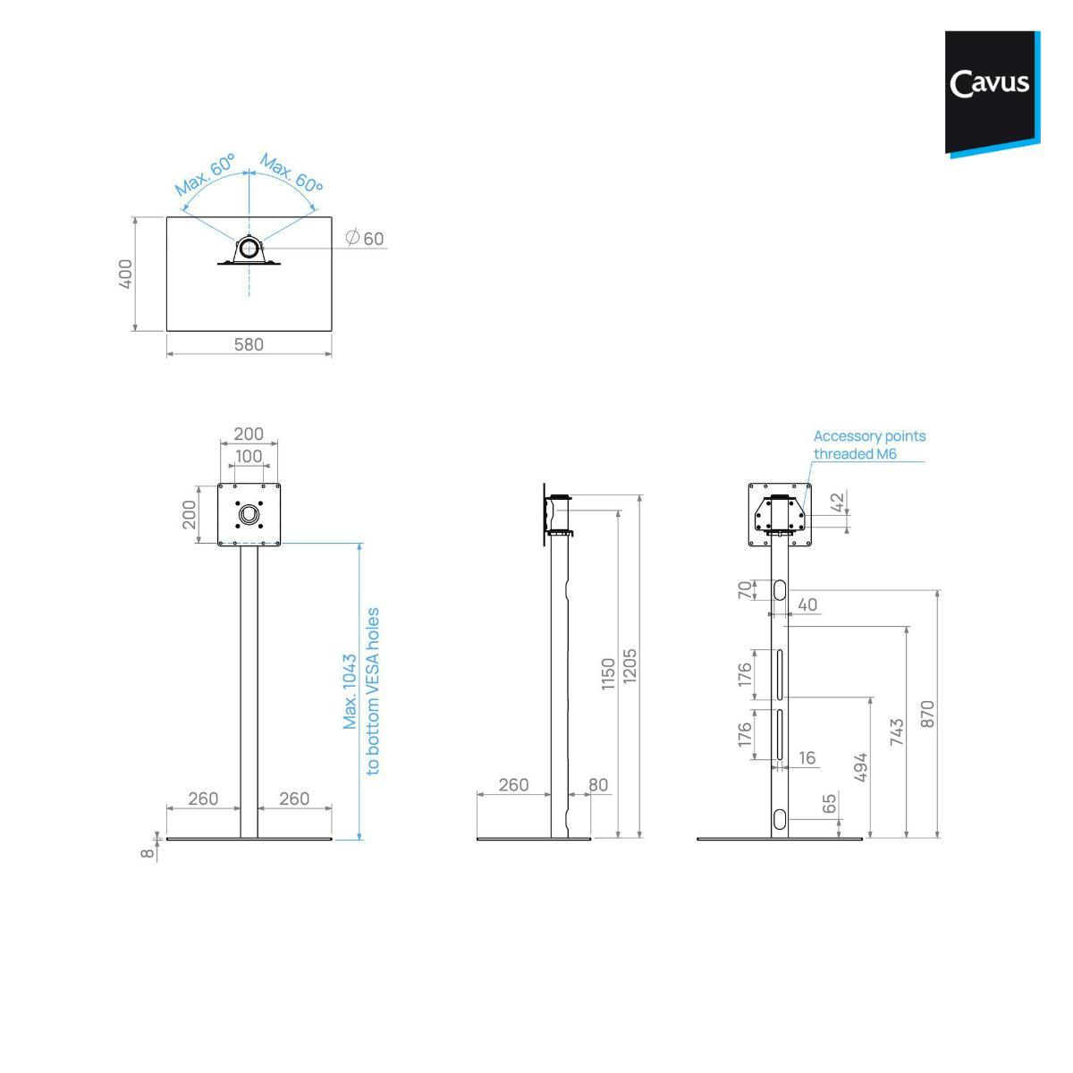 Cavus SQUARE120B22 TV Standfuß 32-65 Zoll, Säule 1200 mm, schwarz technische Zeichnung