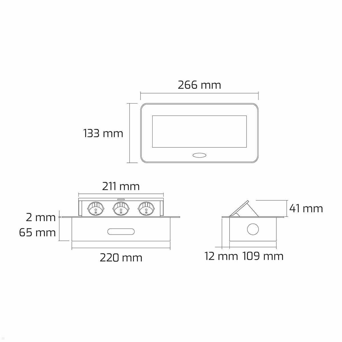 TecLines TES012B 3-fach Einbau Steckdose mit 1,5m Kabel, Maße