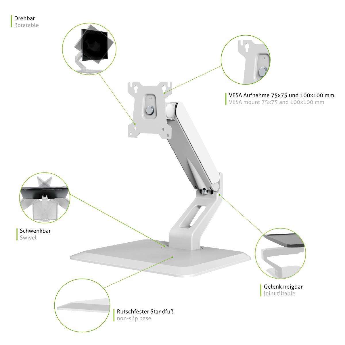 Tisch Monitorständer MonLines MTS900W drehbar, weiß, Übersicht Funktionen