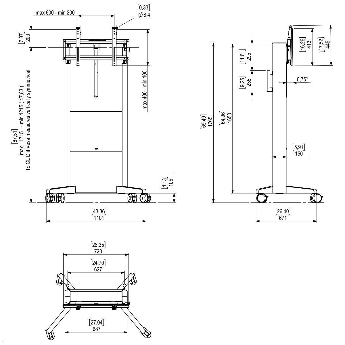 SMS Presence mobiler elektrischer Monitorständer bis 98 Zoll (K05-100-22), technische Zeichnung