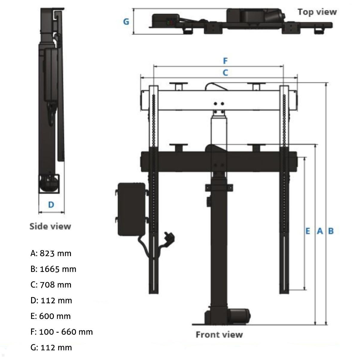 MonLines MLS007B myTVLift Einbau TV Lift 37-65 Zoll, 842 mm Hub, schwarz, technische Zeichnung