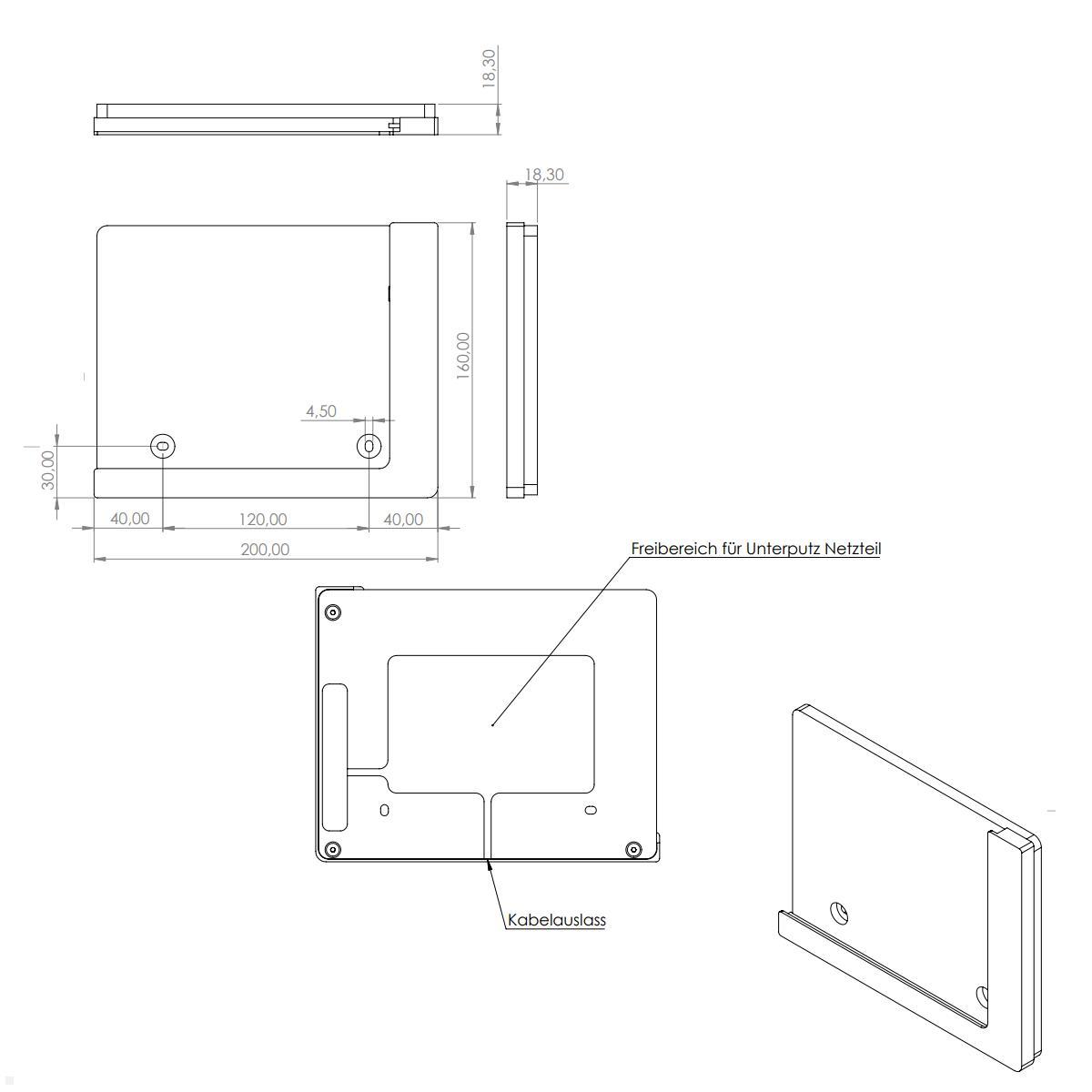 TabLines TWP011W Wandhalterung für iPad Pro 12.9 (5.Gen.) 2021, weiß, Zeichnung Maße Rückwand