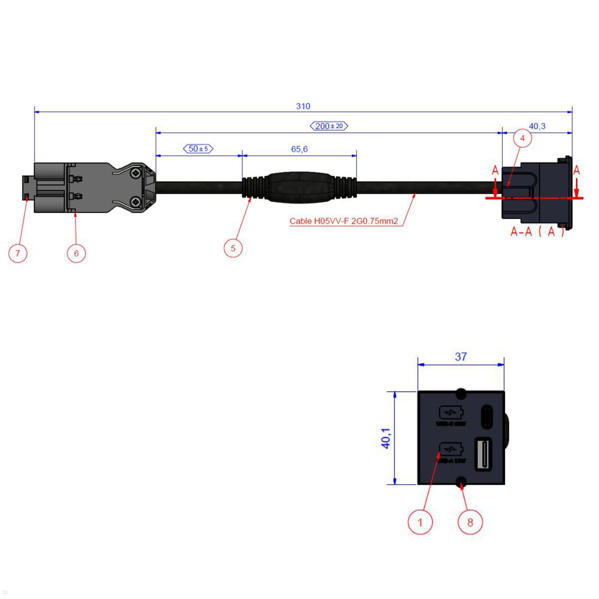 Bachmann PIX Einbau USB Charger USB-A / USB-C Ladegerät (926.330), Zeichnung Maße