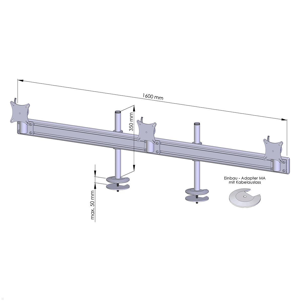 MonLines MTH209B Flat 3-fach Monitor Tischhalterung Einbau 25-32 Zoll, schwarz, Zeichnung Maße