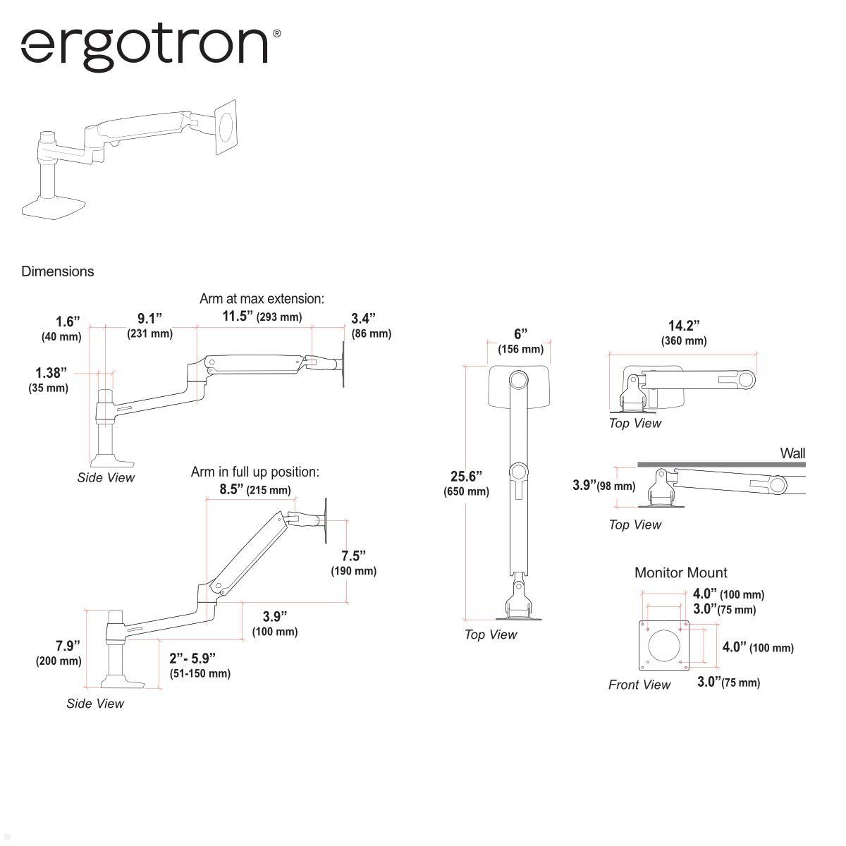 Ergotron LX Arm Monitor Tischhalterung (45-241-026) technische Zeichnung