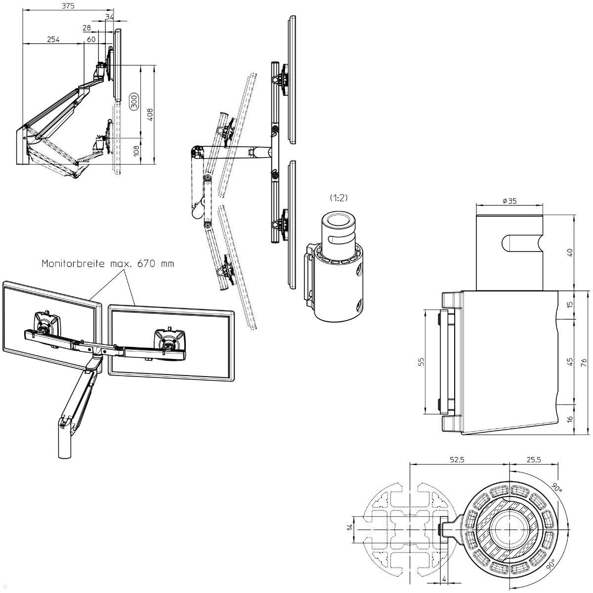 Novus Clu Plus X2 Dual Monitorhalter für TSS Säulen (992+2001+001), weiß, technische Zeichnung